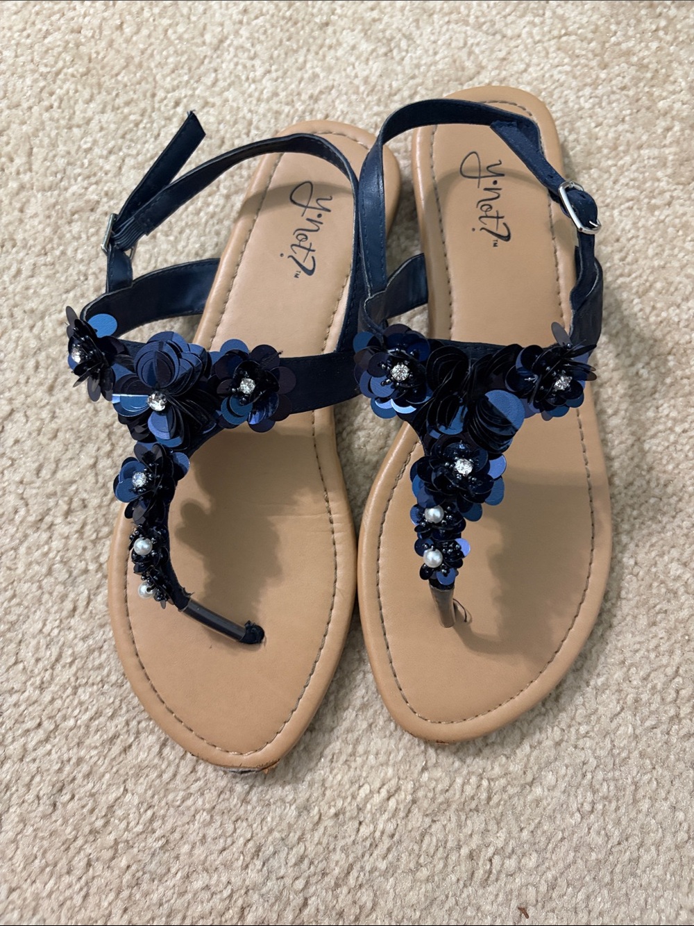 Navy Floral Sequin T-Strap Sandals